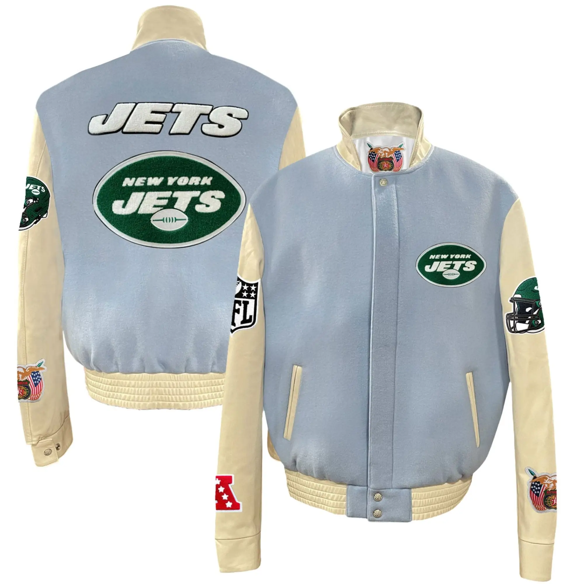 New York Jets Baby Blue Stand Up Collar Wool & Leather Varsity Jacket - Image 3