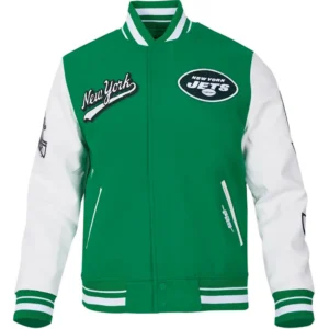 New York Jets Script Tail Wool & Leather Varsity Jacket Green & White