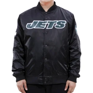 New York Jets Starter Wordmark Classic Rib Satin Varsity Black Jacket