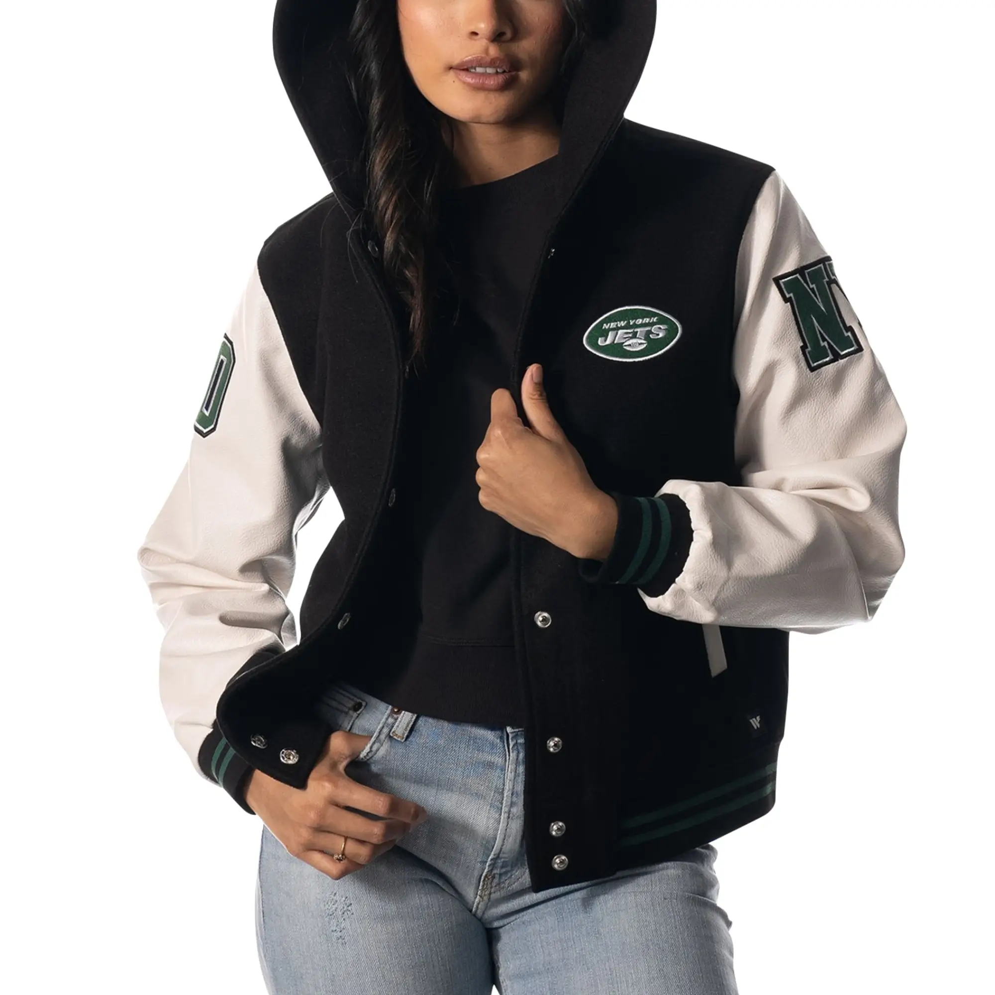 New York Jets The Wild Collective Black Sailor Full-Snap Hooded Varsity Jacket - Image 5
