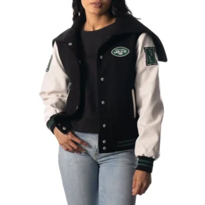 New York Jets The Wild Collective Black Sailor Full-Snap Hooded Varsity Jacket