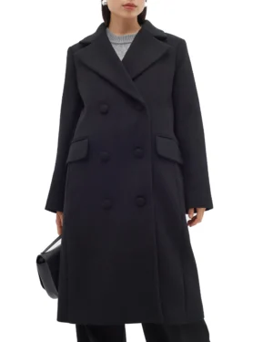 Perryiw Double Breasted Full Black Wool Coat