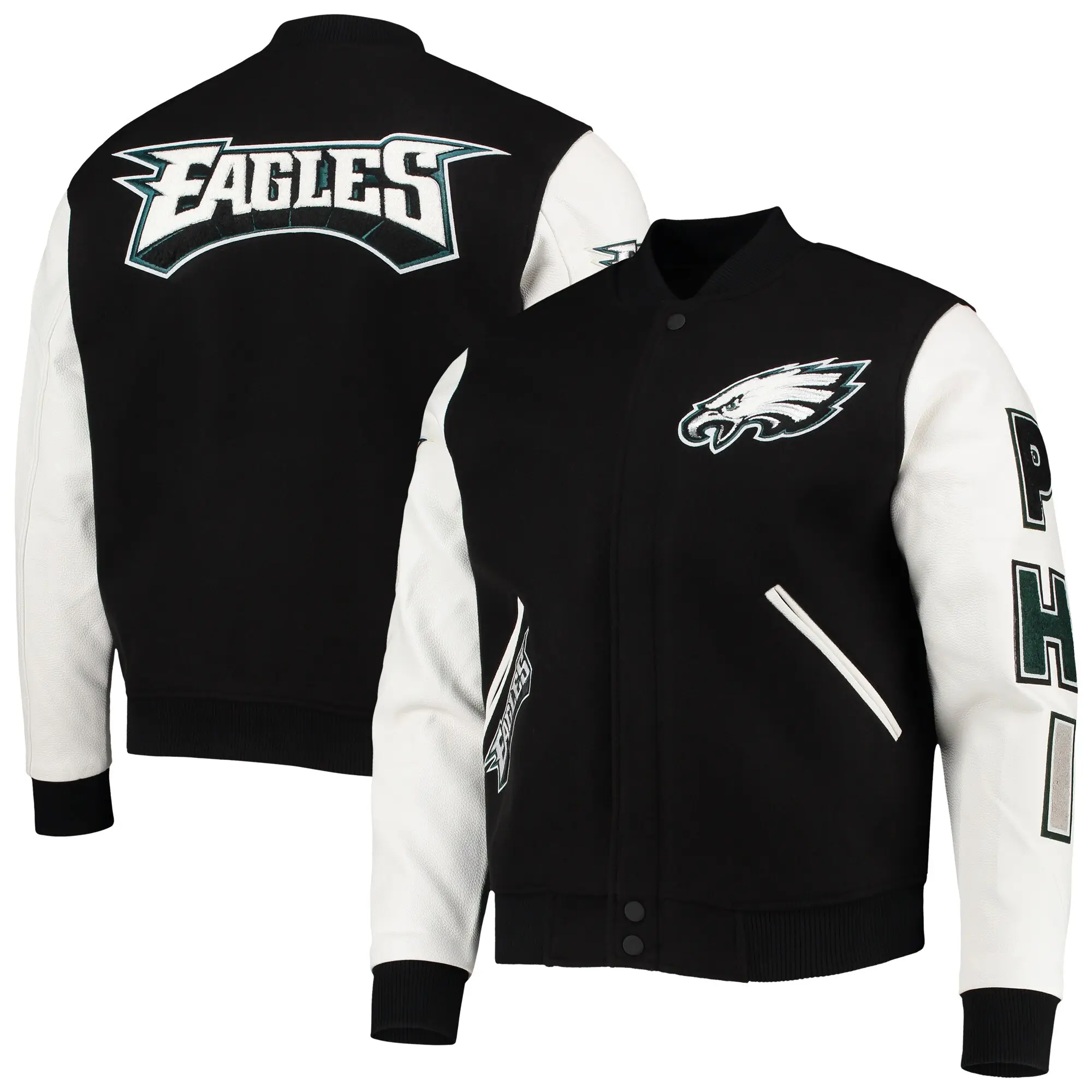 Philadelphia Eagles Classic Full-Zip Black/White Varsity Jacket - Image 4