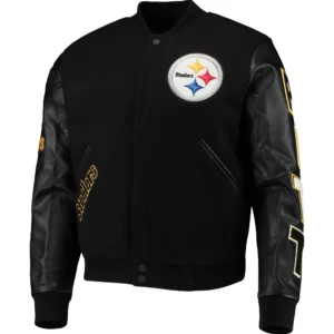 Pittsburgh Steelers Classic Logo Black Zipper Wool & leather Varsity Jacket