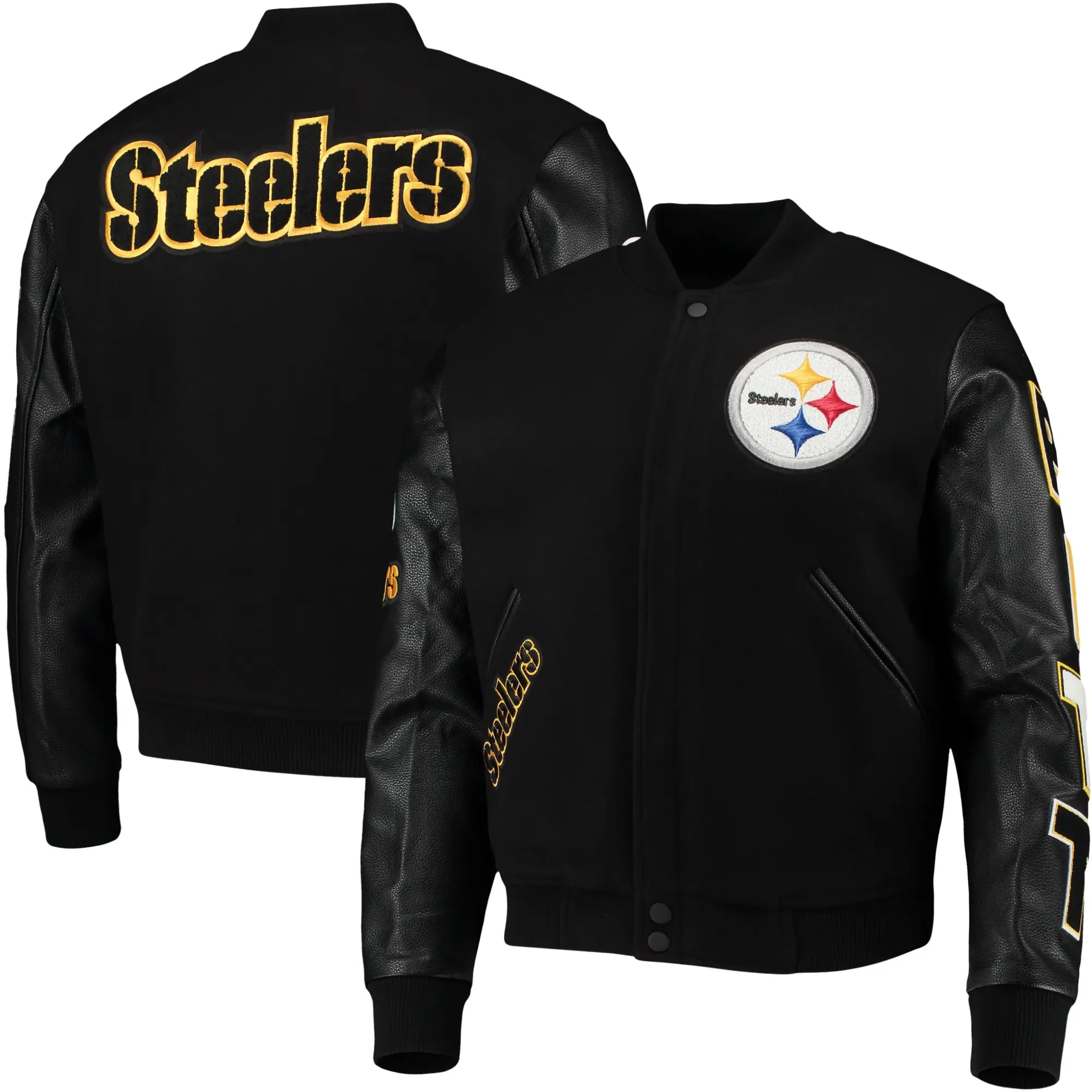 Pittsburgh Steelers Classic Logo Black Zipper Wool & leather Varsity Jacket - Image 3