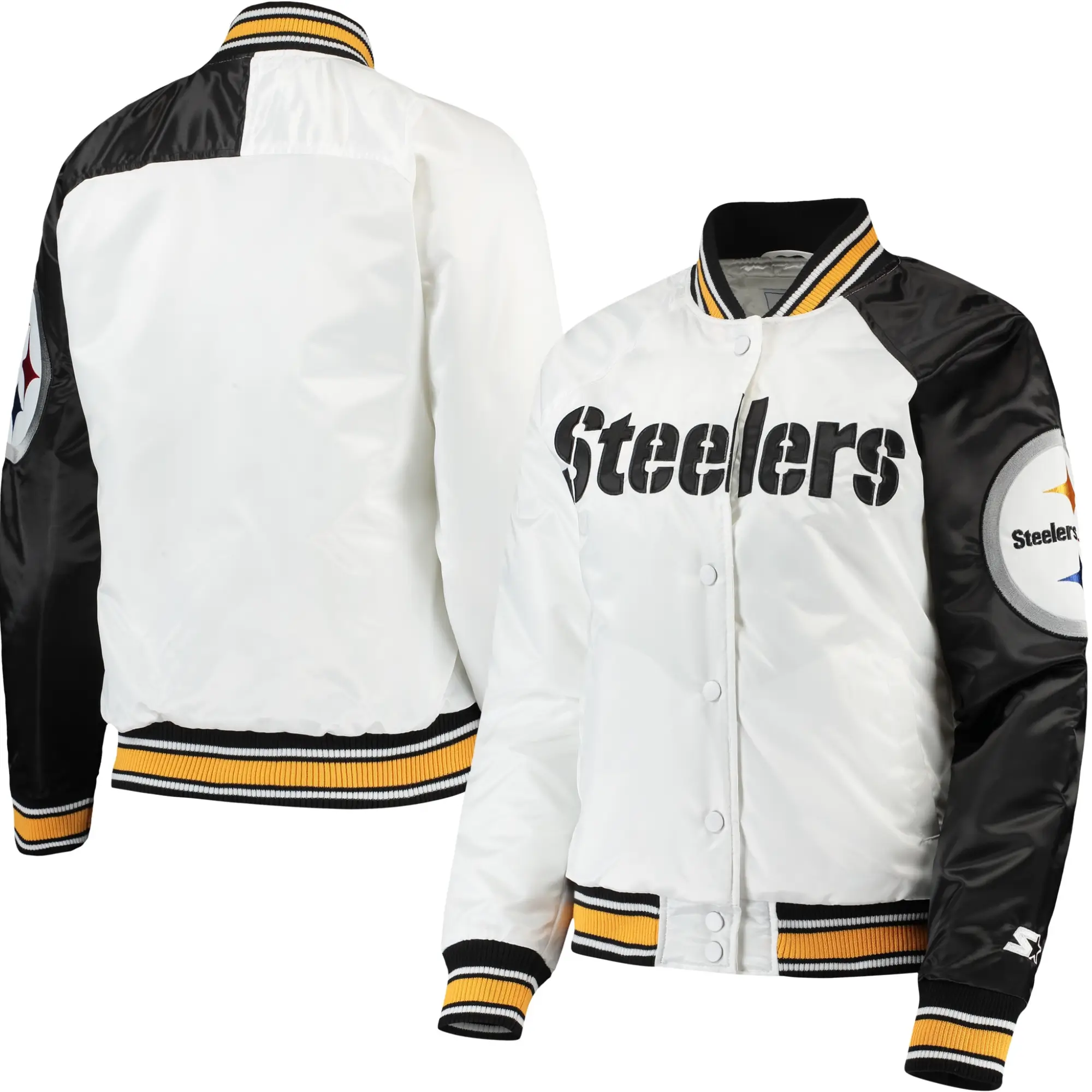 Pittsburgh Steelers Satin Hometown Varsity Jacket White & Black - Image 3