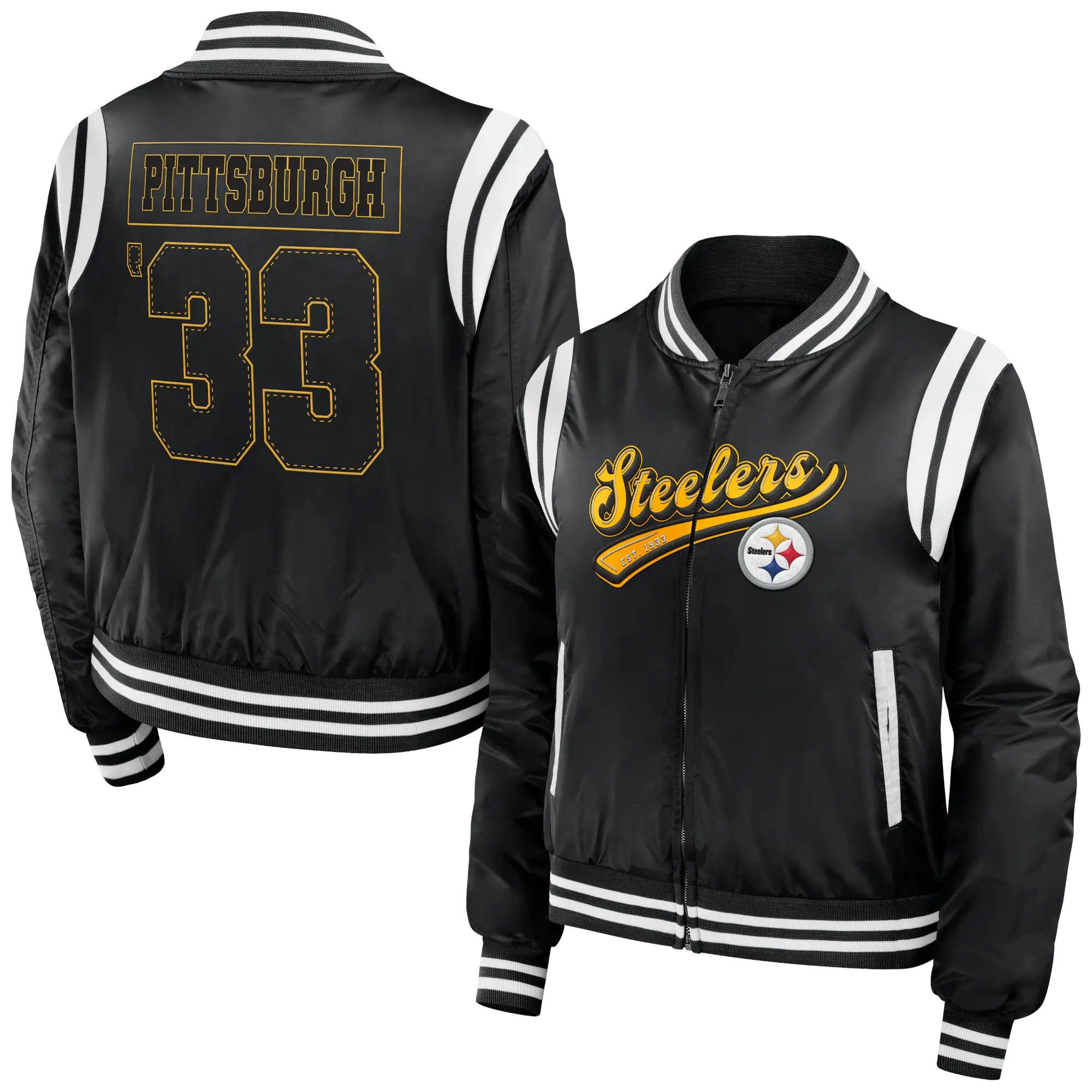 Pittsburgh Steelers Full Zip Satin Varsity Black Jacket - Image 3