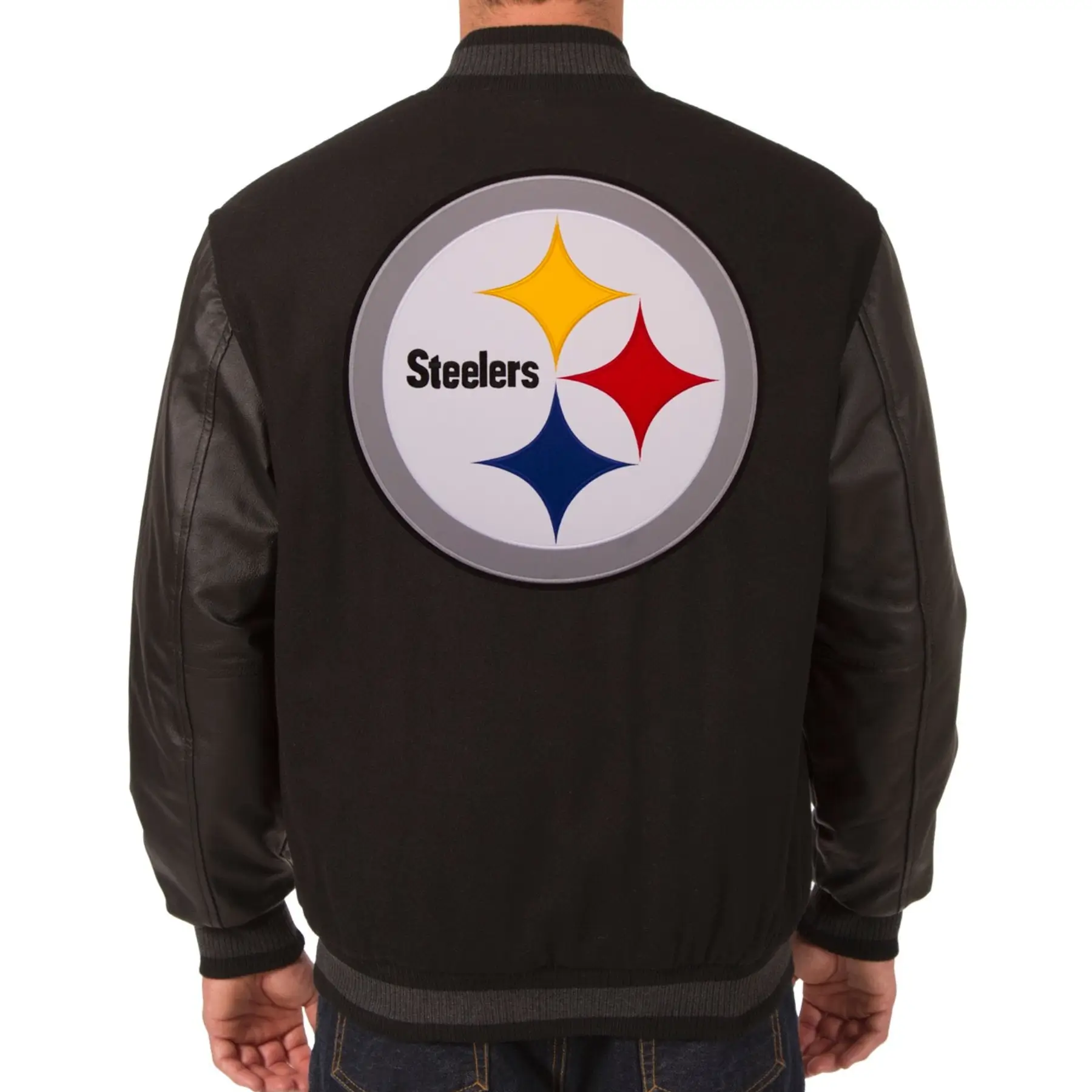 Pittsburgh Steelers Logo Black Wool & Leather Reversible Varsity Jacket - Image 2