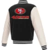 San Francisco 49ers Two Tone Wool & Leather Rib Varsity Jacket Black & White - Image 2