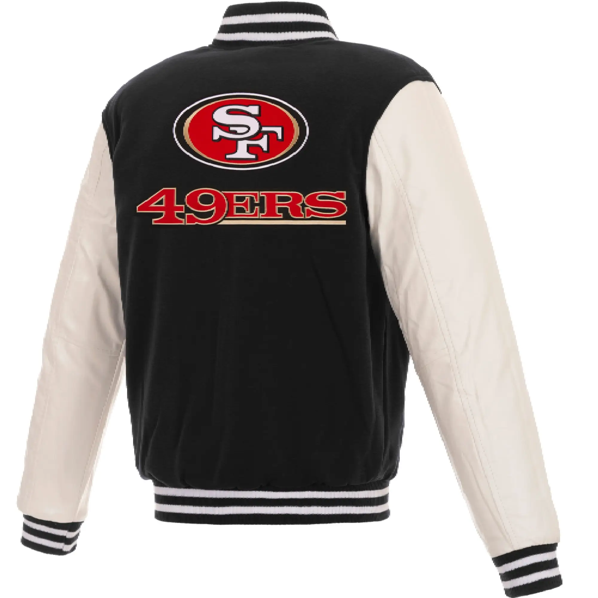 San Francisco 49ers Two Tone Wool & Leather Rib Varsity Jacket Black & White - Image 2