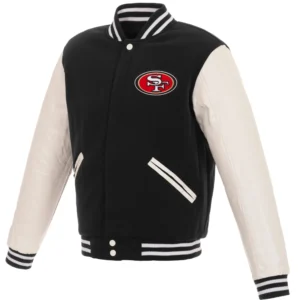 San Francisco 49ers Two Tone Wool & Leather Rib Varsity Jacket Black & White