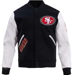 San Francisco 49ers Old English Black & White Varsity Jacket