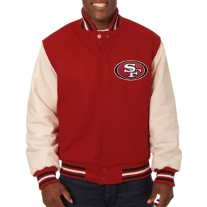 San Francisco 49ers Two Tone Wool & Leather Varsity Jacket Red & Cream