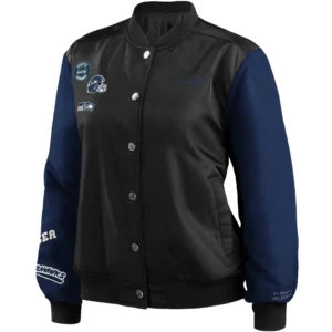 Seattle Seahawks Bomber Full-Snap Rib Satin Varsity Jacket Black & Navy
