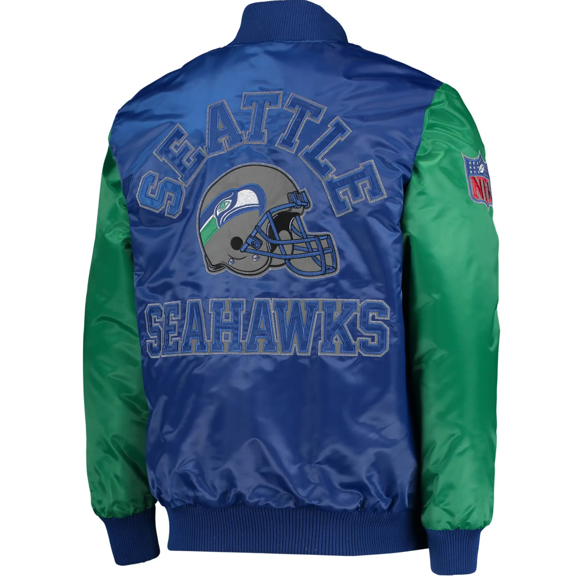 Seattle Seahawks Locker Room Throwback Classic Rib Satin Varsity Jacket Navy & Green - Image 2