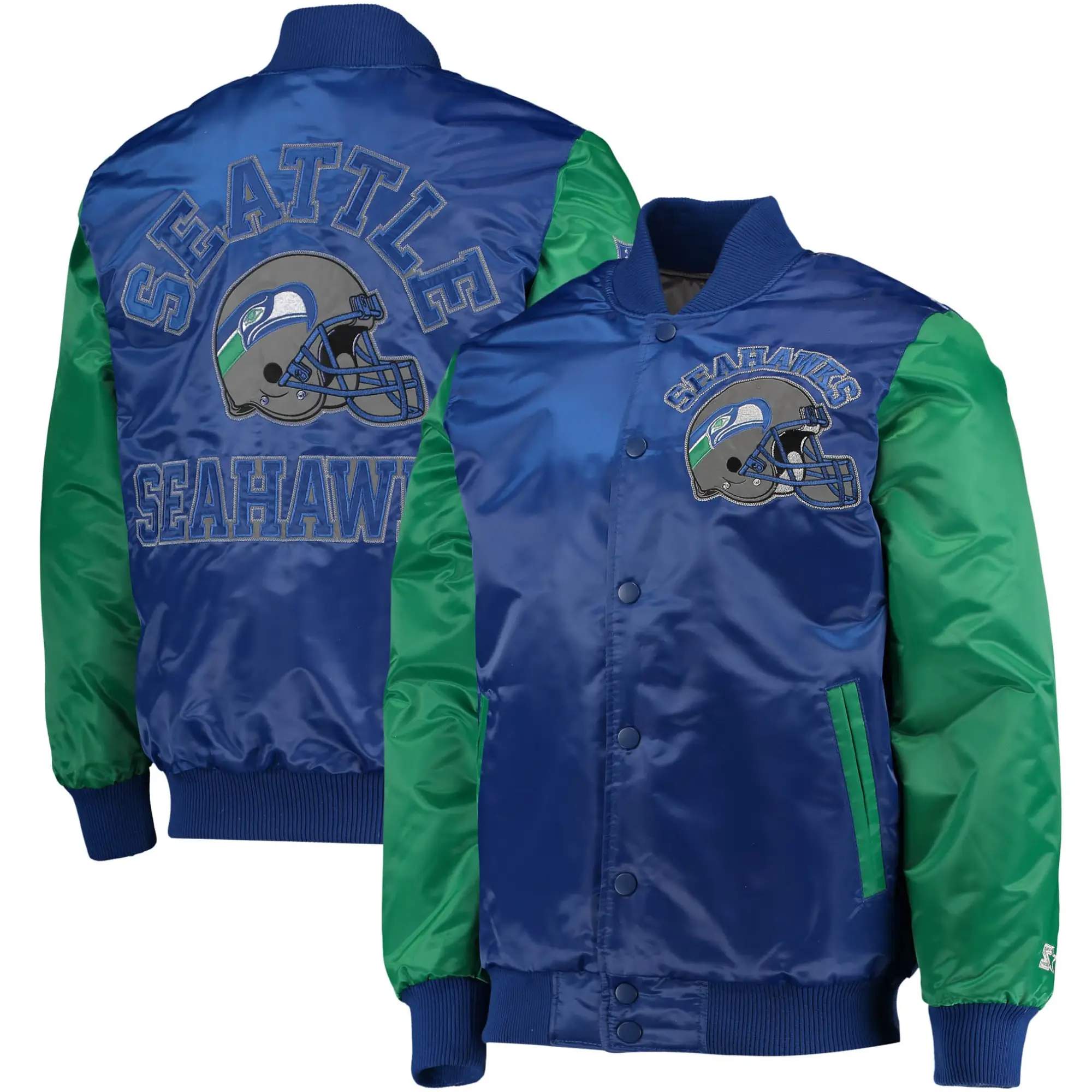 Seattle Seahawks Locker Room Throwback Classic Rib Satin Varsity Jacket Navy & Green - Image 3