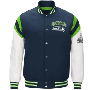 Seattle Seahawks Classic Navy & White Rib Satin Varsity Jacket