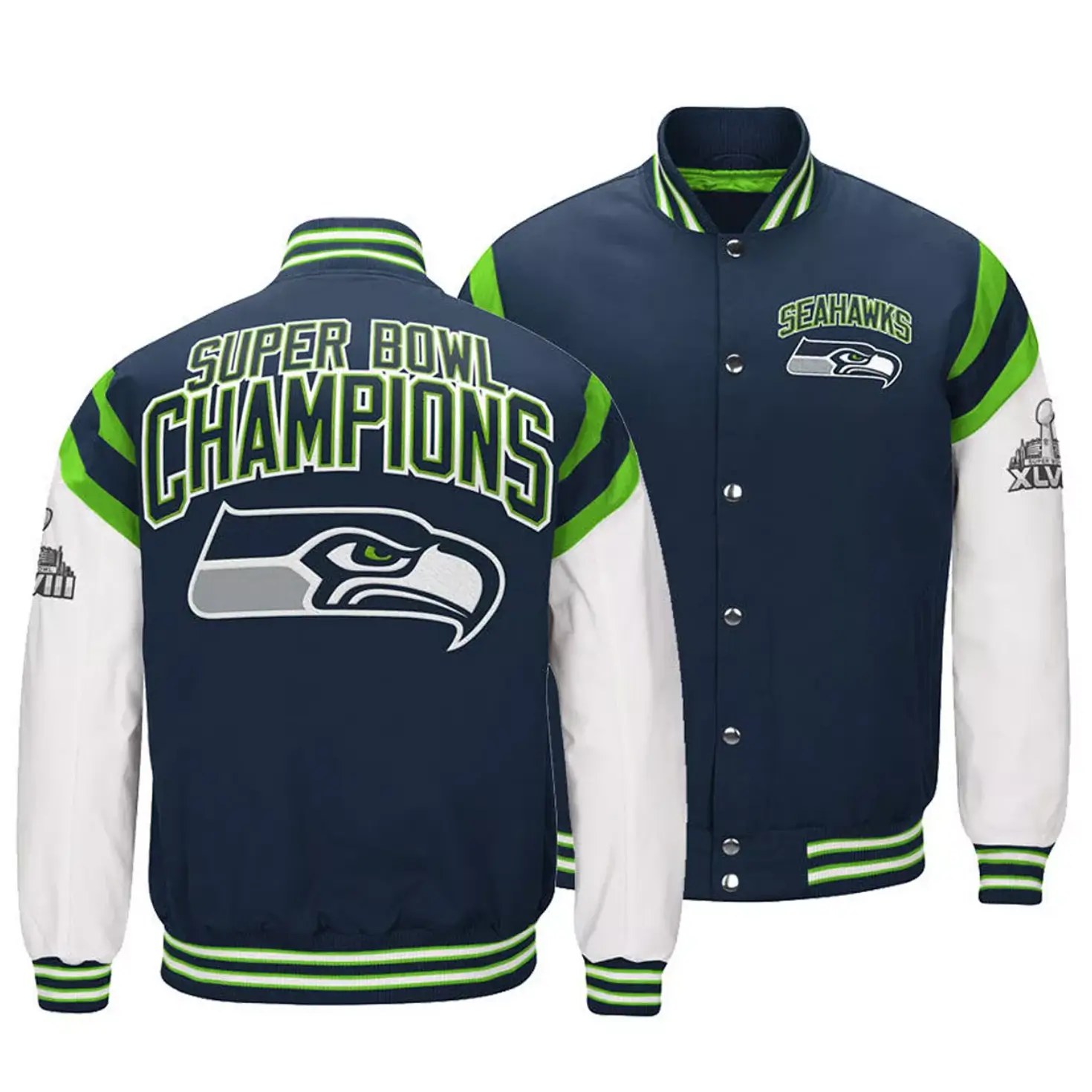 Seattle Seahawks Classic Navy & White Rib Satin Varsity Jacket - Image 3