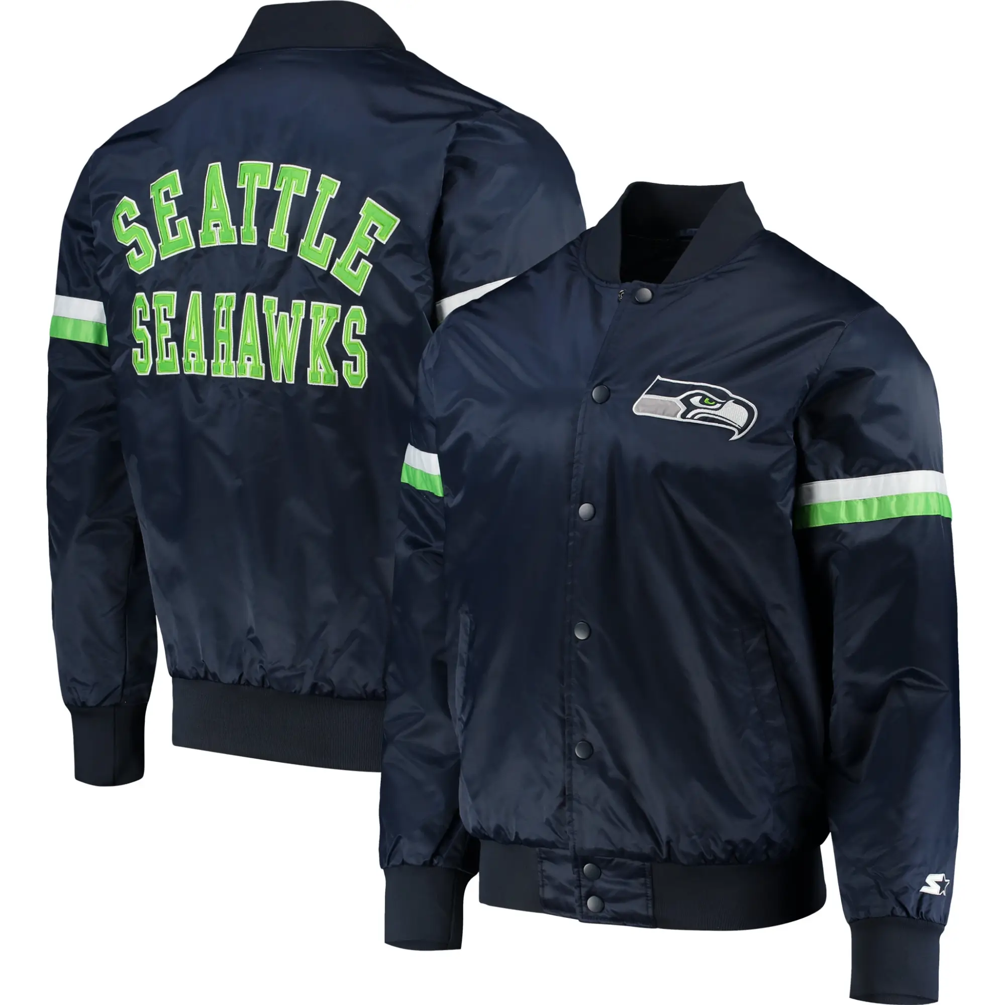 Seattle Seahawks The Champ Rib Satin Varsity Navy Jacket - Image 3