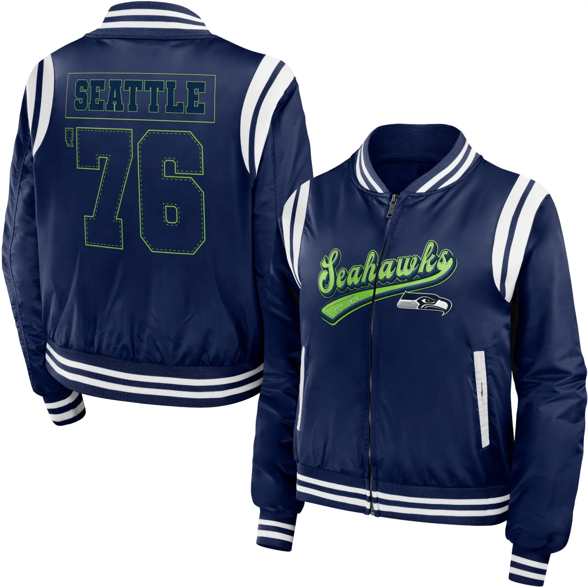 Seattle Seahawks Full Zip Classic Rib Satin Varsity Jacket - Image 3
