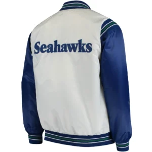Alternative view of Seattle Seahawks The Enforcer White & Blue Satin Varsity Jacket