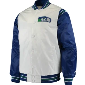 Seattle Seahawks The Enforcer White & Blue Satin Varsity Jacket
