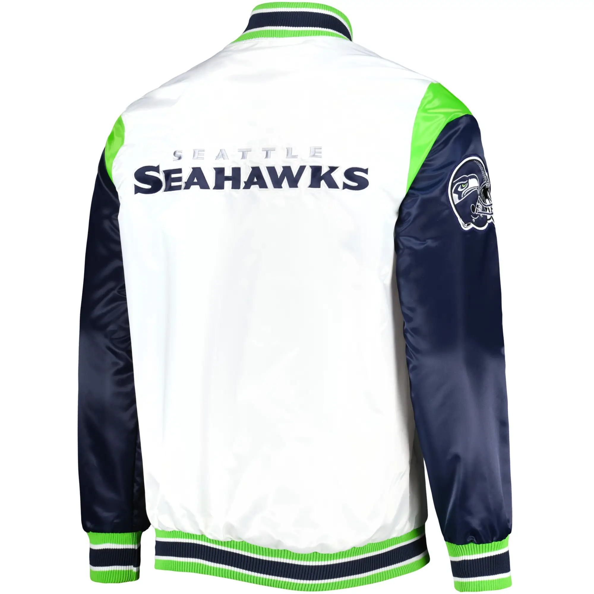 Seattle Seahawks Logo Pitch White & Navy Satin Varsity Jacket - Image 2