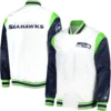 Seattle Seahawks Logo Pitch White & Navy Satin Varsity Jacket - Image 3
