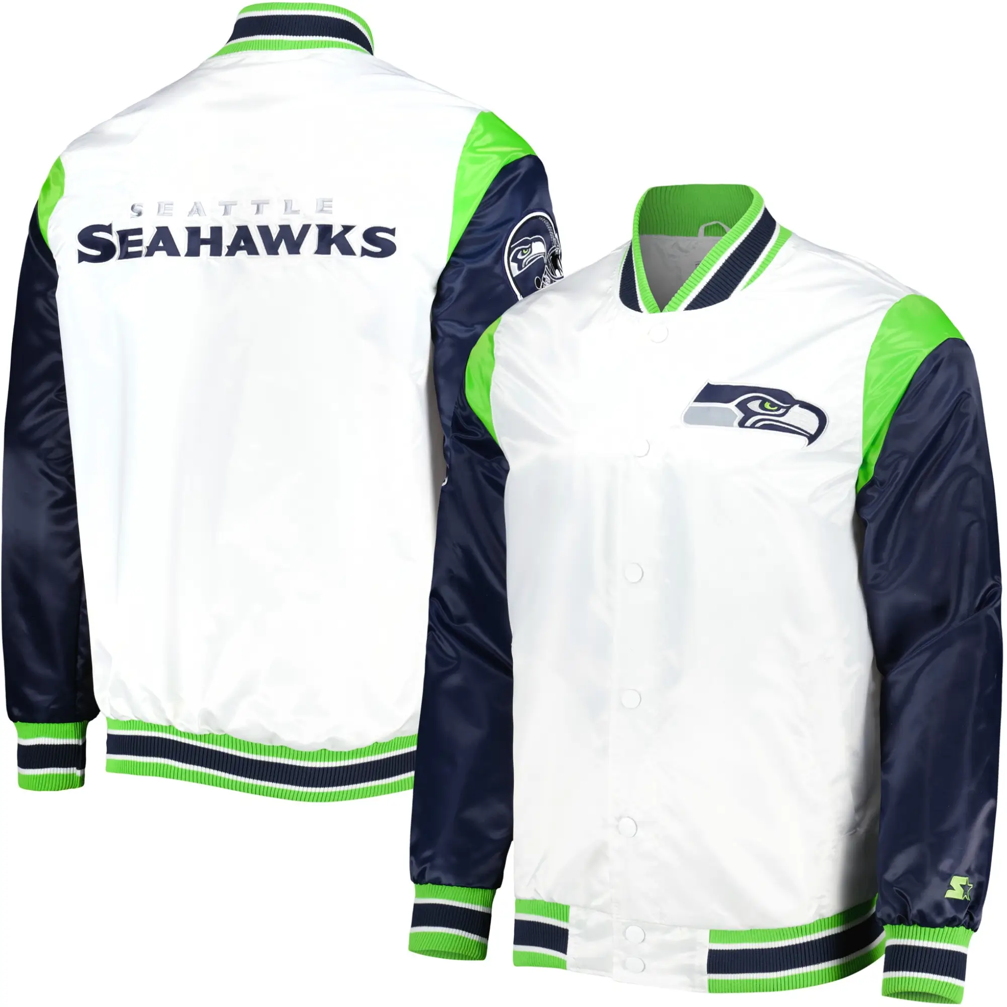 Seattle Seahawks Logo Pitch White & Navy Satin Varsity Jacket - Image 3
