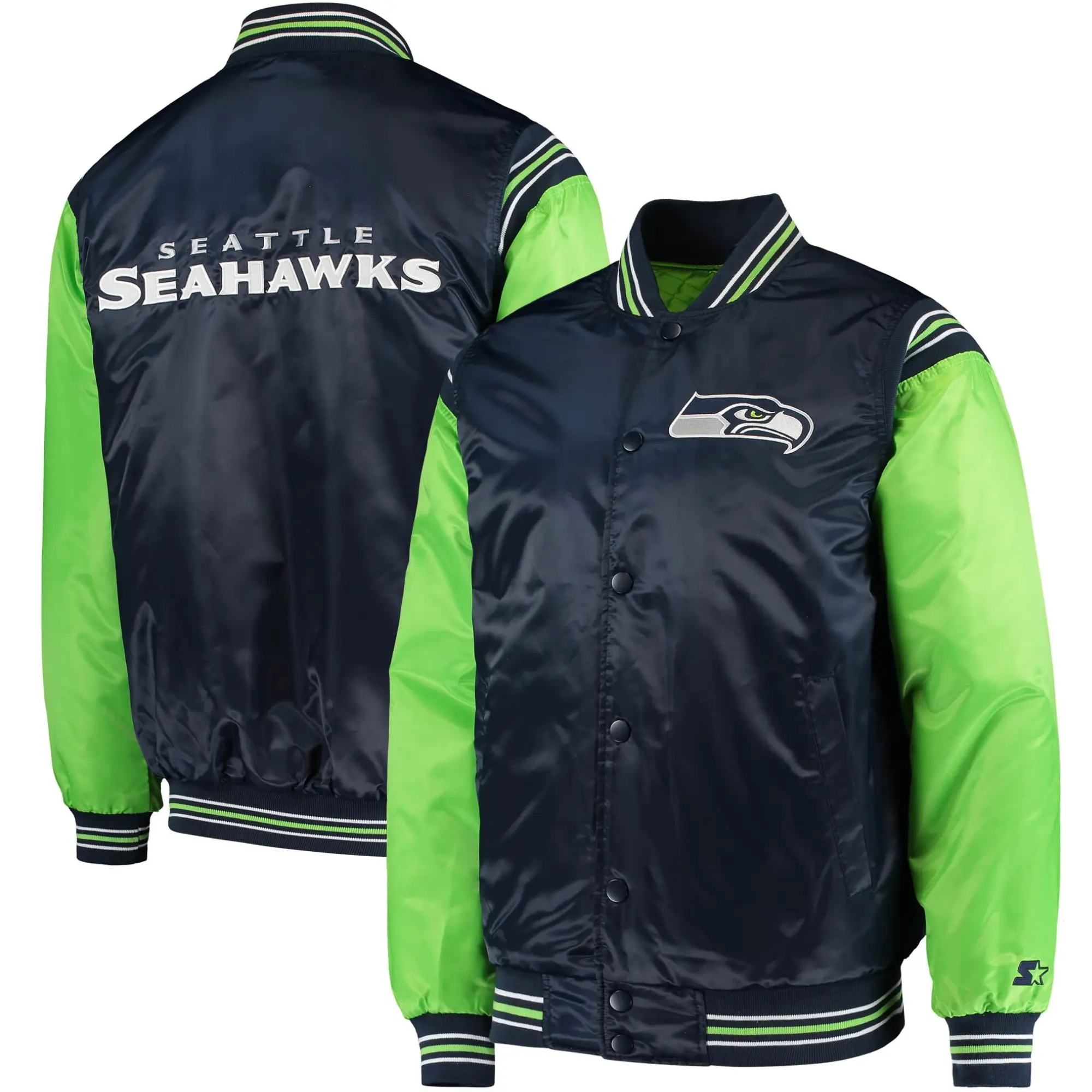 Seattle Seahawks The Enforcer Satin Varsity Jacket Navy & Green - Image 3