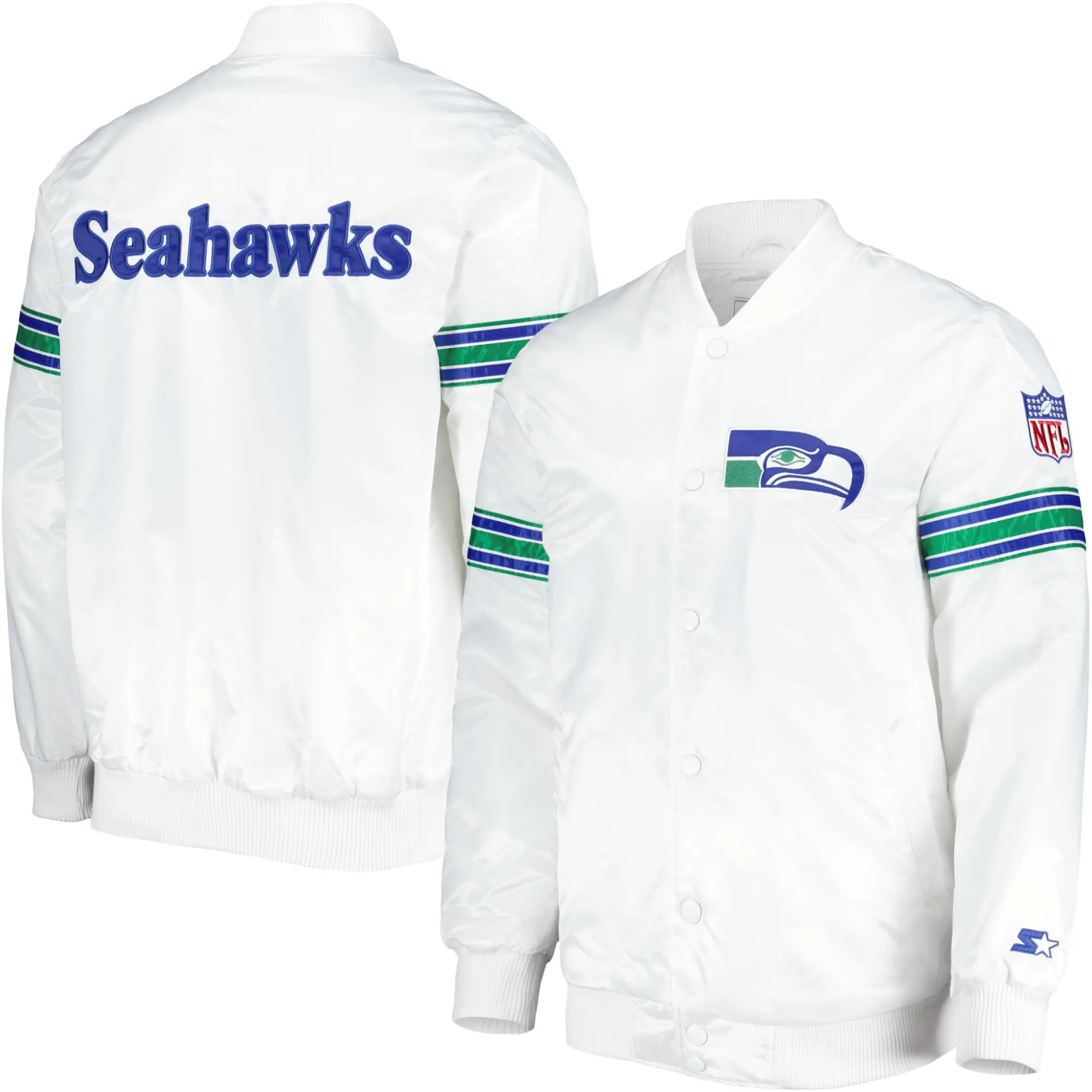 Seattle Seahawks The Power Forward Classic Rib Satin Varsity White Jacket - Image 3