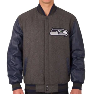 Seattle Seahawks Wool & Leather Reversible Varsity Jacket Charcoal & Navy