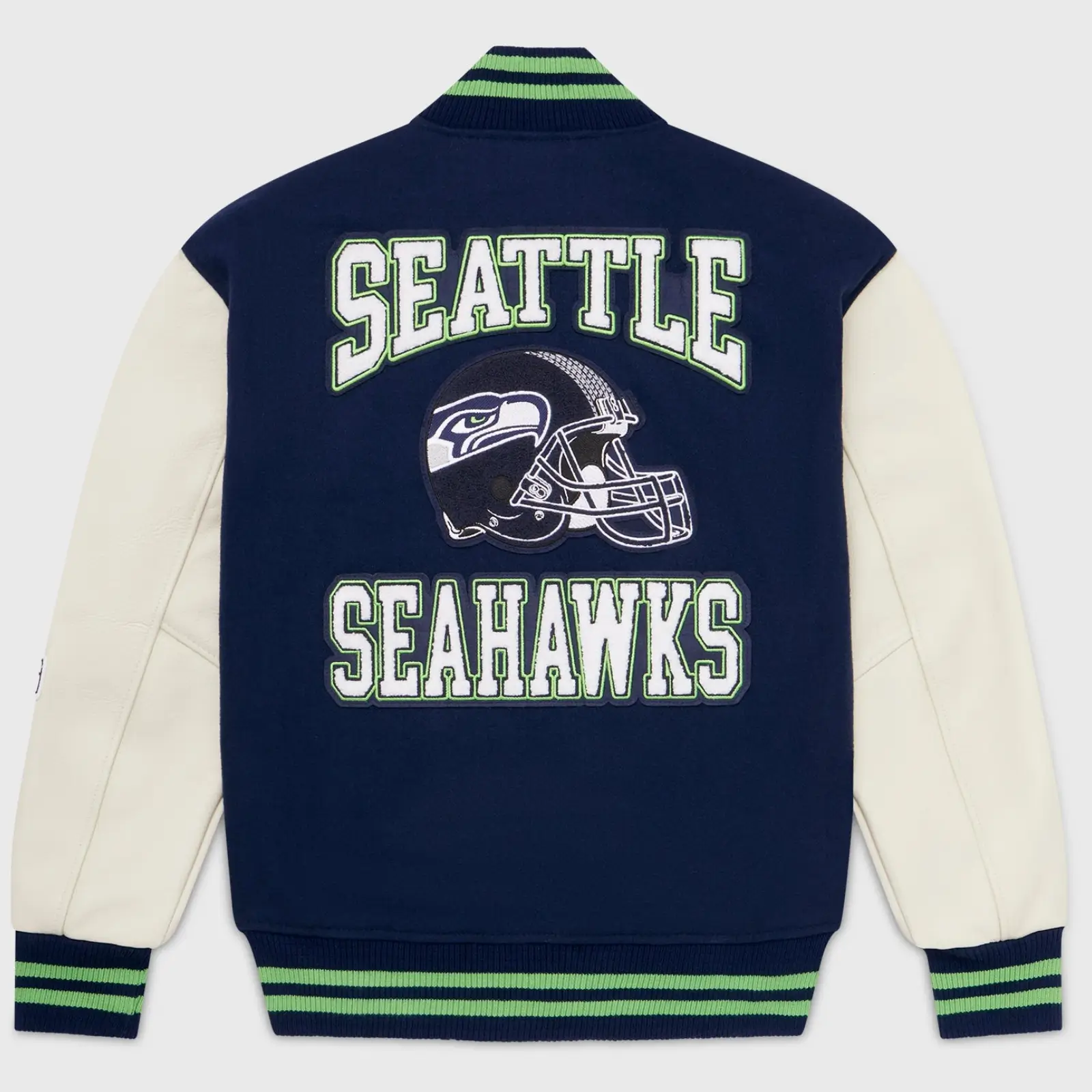 Seattle Seahawks Full-Snap Wool & Leather Varsity Jacket Navy & White - Image 2