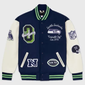 Seattle Seahawks Full-Snap Wool & Leather Varsity Jacket Navy & White