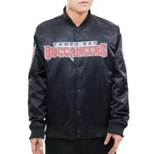Tampa Bay Buccaneers Wordmark Satin Varsity Black Jacket