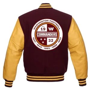 Alternative view of Washington Commanders Maroon and Yellow Letterman Varsity Jacket