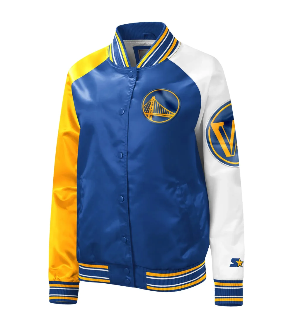 Women's Golden State Warriors Reliever Raglan Full-Snap Satin Varsity Jacket