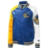 Women's Golden State Warriors Reliever Raglan Full-Snap Satin Varsity Jacket