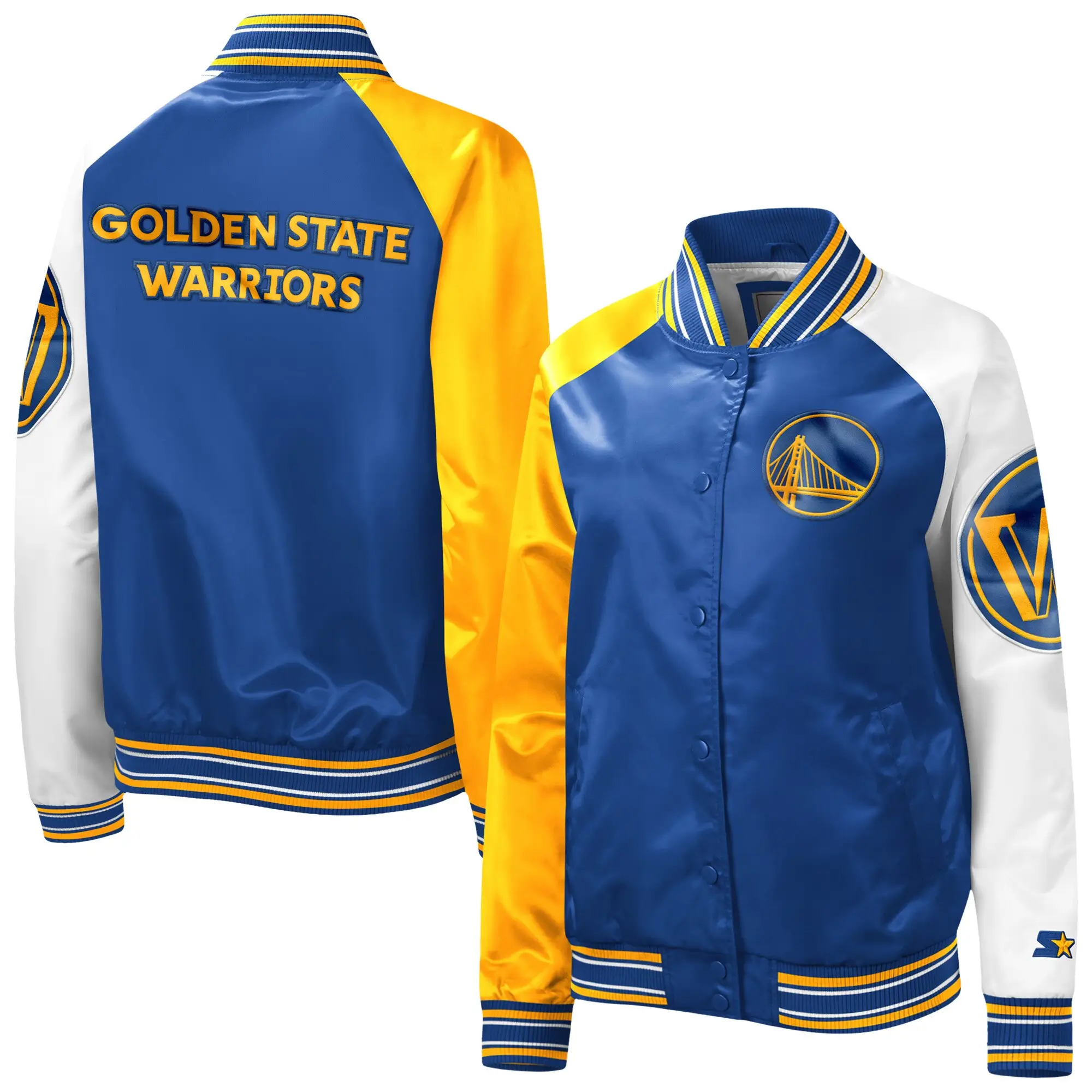Women's Golden State Warriors Reliever Raglan Full-Snap Satin Varsity Jacket