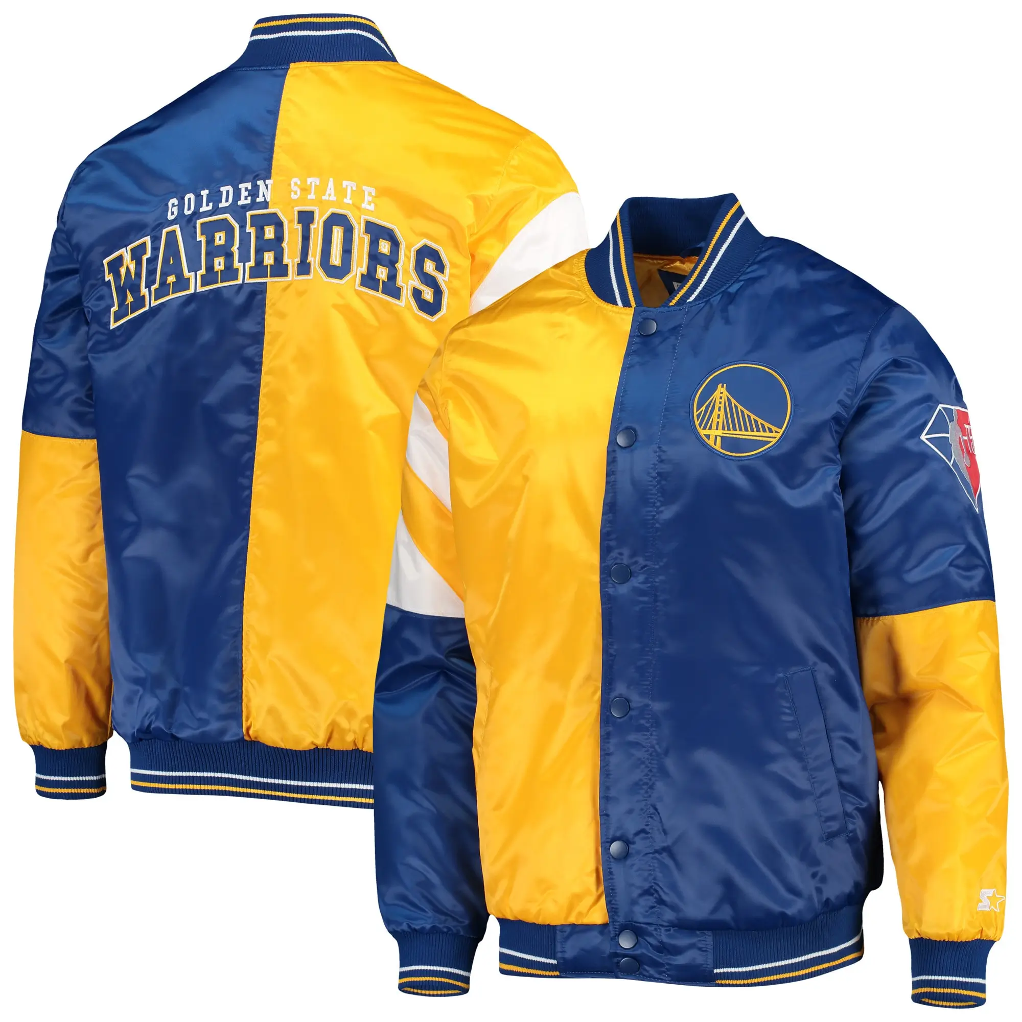 Golden State Warriors Leader Gold/Royal Color Block Satin Varsity Jacket - Image 4