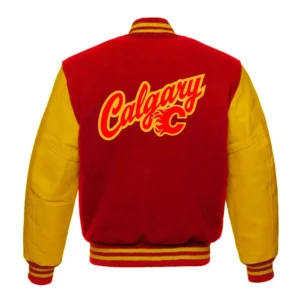 Alternative view of Calgary Flames Red and Yellow Letterman Varsity Jacket