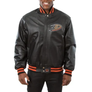 Anaheim Ducks Full Leather Black Zipper Varsity Jacket
