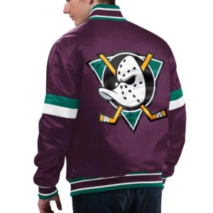 Alternative view of Anaheim Ducks Home Game Purple Satin Varsity Jacket
