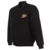 Show off sleek NHL style in the Anaheim Ducks One Color Black Zipper Varsity Jacket—reversible wool design for comfort and team pride.