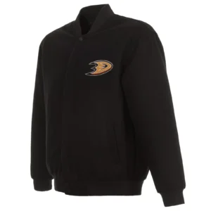 Show off sleek NHL style in the Anaheim Ducks One Color Black Zipper Varsity Jacket—reversible wool design for comfort and team pride.