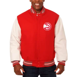 Atlanta Hawks Red/White Two Tone Wool & Leather Varsity Jacket