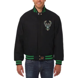 Milwaukee Bucks Embroidered Black Full Wool One Color Varsity Jacket