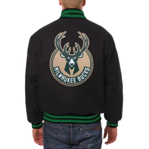 Alternative view of Milwaukee Bucks Embroidered Black Full Wool One Color Varsity Jacket