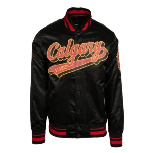 Calgary Flames Script Tail Satin Varsity Jacket