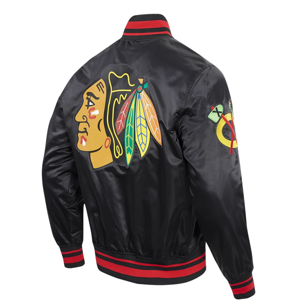 Chicago Blackhawks Script Tail Satin Varsity Jacket - Image 3